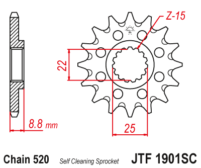 JT voortandwiel 15 tands met moddergroef KTM 125-640 1995-